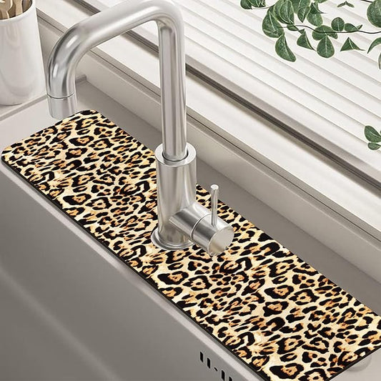 Abstract Brown Leopard Dish Drying Mat for Kitchen Sink Splash Guard Behind Faucet Sink Mat Absorbent Fast Drying Faucet Draining Mat for Bathroom Kitchen 5.5"×24"