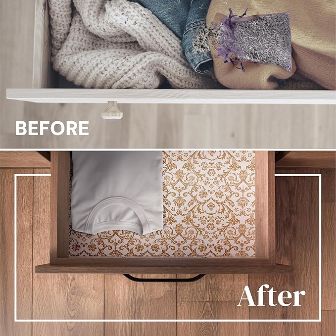 Elodie Essentials Scented Drawer Liner Sheets - 14" x 19.5" (Royal Damask) Pacific Sandalwood Non-Adhesive Paper Liners & Shelf Paper for Dressers, Cabinets & Bathroom Drawers, Birthday Present Idea