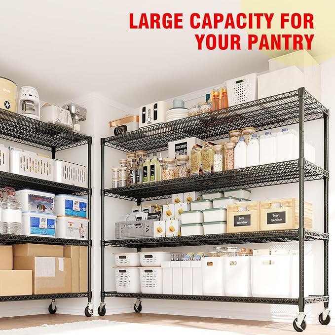 4 Tier Industrial Storage Shelving Unit 2640LBS Capacity, Heavy Duty Adjustable Metal Shelves w/Wheels & Leveling Feet, Garage, Workshop, Basement Rack Shelf, 73.8" H*23.9" D*59.8" W