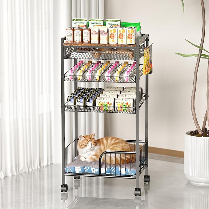 Cat Food Organizer，Multi-functional Canned Food and Cat Bed Rolling Storage Cart,Manually Adjust The Gap Size，Store Suitable Can Sizes，Used for Jar Food & Cat Food Dispenser Rack