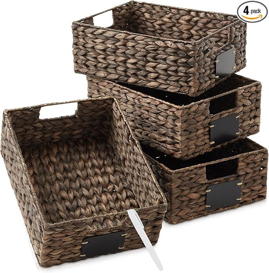 Casafield Set of 4 Water Hyacinth Pantry Baskets, 10" x 13" x 5", with Chalkboard Labels and Chalk Marker - Espresso, Woven Storage Bin Organizers for Kitchen Shelves