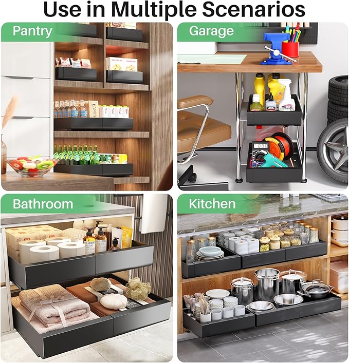Kitstorack Pull out Cabinet Organizer, Expandable(11.7"-19.7") Heavy Duty Slide out Drawer Fixed with Adhesive Nano Film for Pots, Roll out Shelf Storage for Kitchen Base Cabinet Organization(Black)