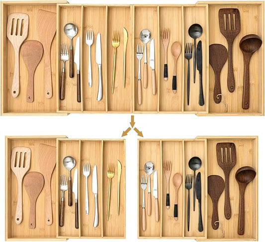 Kathfly Extra Large Drawer Organizer Kitchen Utensils Expandable 21.4 to 36 Inches Wid, Adjustable Bamboo Silverware Tray Cutlery Utensile Flatware Organizer Holder Drawer Divider for Spoons and Forks