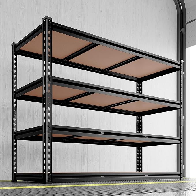 REIBII 48.2" W Garage Shelving, Storage Shelves Load 2600LBS, 4-Tier Adjustable Heavy Duty Metal Shelves for Warehouse, Pantry, Kitchen, 60.1" H X 48.2" W X 24" D, Black
