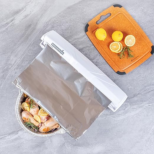 Restaurantware-RW Base Food Wrap Dispenser with Cutter, 1 Refillable Cling Wrap Dispenser - Fits 12” to 18” x 1000’ Rolls, Press Down and Cut, White Plastic Aluminum Foil, Sharp Blade