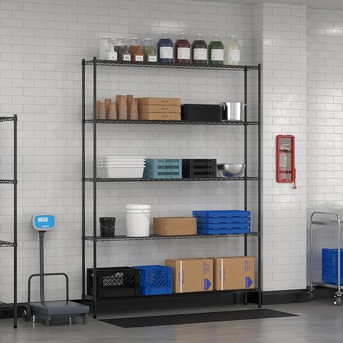 Commercial NSF Listed Black Epoxy Stationary Wire Shelving Kit 12" x 72" x 96", with 5 Shelves Perfect for Warehouse, Walk-in Refrigerator, Freezer, Grocery Store, Restaurant, Dishroom