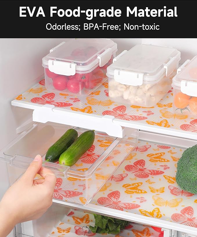 Shelf Liner for Kitchen Cabinets - Non-Adhesive Waterproof and Oil-Proof Drawer Liner, Reusable Protector for Dresser, Wire Shelf, Cupboards(Red Butterfly, 11.8" W x 360" L)