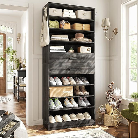 Aheaplus Tall Shoe Cabinet, 10 Tiers Wood Shoe Rack, Vertical Shoe Storage Organizer with 2 Drawers, Narrow Shoe Shelf Tower for 24-28 Pairs, Space Saving, for Closet, Entryway, Bedroom, Black Oak