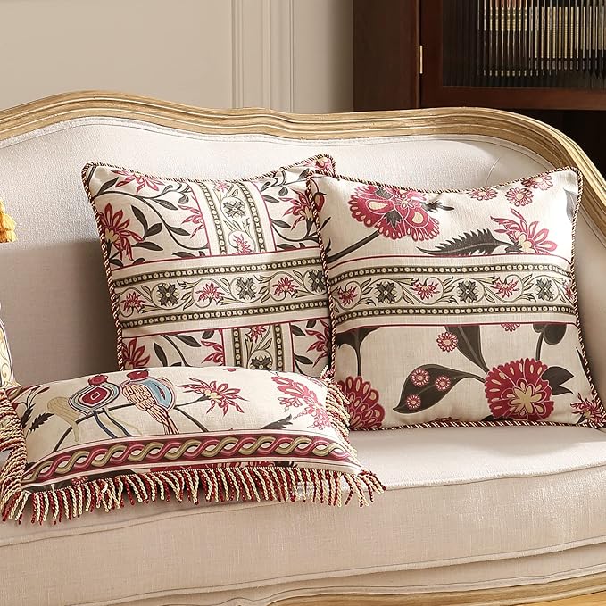 patdrea Designer Throw Pillow Covers 12"x20",Vintage Flowers and Bird Pattern Linen Pillowcases with Tassel Edges Pillows Cover for Couch,Decorative Rectangle Cushion for Living Room Outdoor Car
