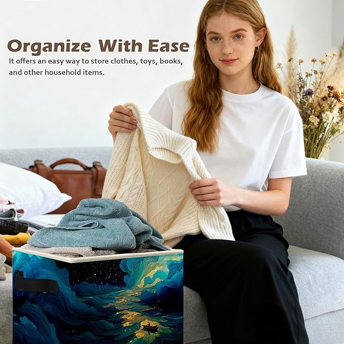 Dreamy Starry Sky Night Storage Box Bins, Blue Fantasy Galaxy River Boating Collapsible Storage Basket Organizer for Bedroom Laundry Room Home Clothes Toys Books, Toybox for Girls Boys