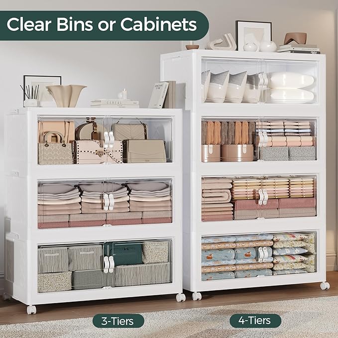 Atrasee 880QT Extra Large Stackable Storage Bins with Lid, 220Gal Collapsible Closet Organizer Box with Wheels, Folding Plastic Storage Cabinet with Doors for Home Bedroom Office Dorm, 4Pack White