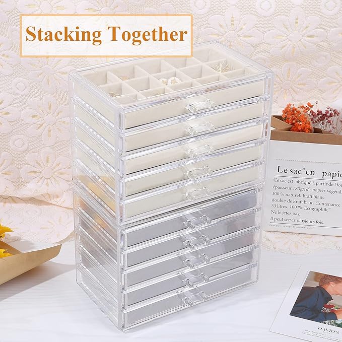 misaya Earring Jewelry Organizer with 5 Drawers, Birthday Present, Clear Acrylic Jewelry Box for Women, Velvet Earring Display Holder for Earrings Ring Bracelet Necklace, Gray
