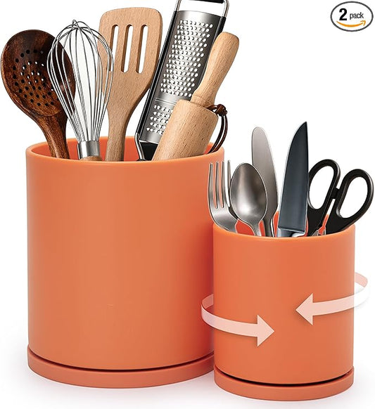D'vine Dev 360° Rotating Utensil Holder Set – 7.2"+5" Kitchen Utensil Crocks for Countertop, Modern Cooking Tool Organizers for Kitchen Storage +Décor, Pumpkin, Set of 2, 72-Z-E-1