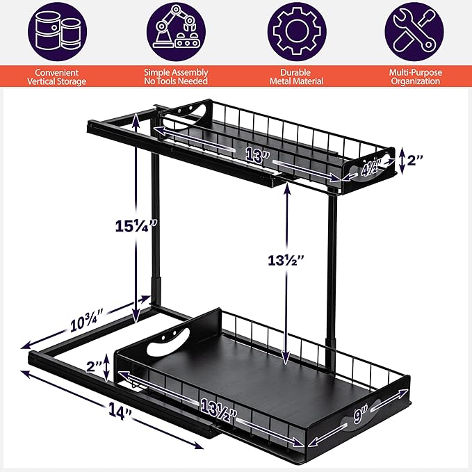 ClearSpace Under Sink Organizer, Pull Out Cabinet Organizer - 2 Tier Slide Out Organizers and Storage Shelf - Metal Sliding Drawer for Kitchen Bathroom Pantry Cabinet Organization Rack, Black