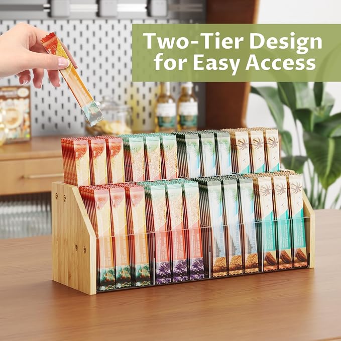 NiHome 2-Tier 8 Compartments Drink Packet Organizer, Bamboo and Clear Acrylic Storage Rack for Tea Bags, Sugar Packets, Flavor Mixes, Seasoning Sachets, Easy Access & Space-Saving Countertop Organizer