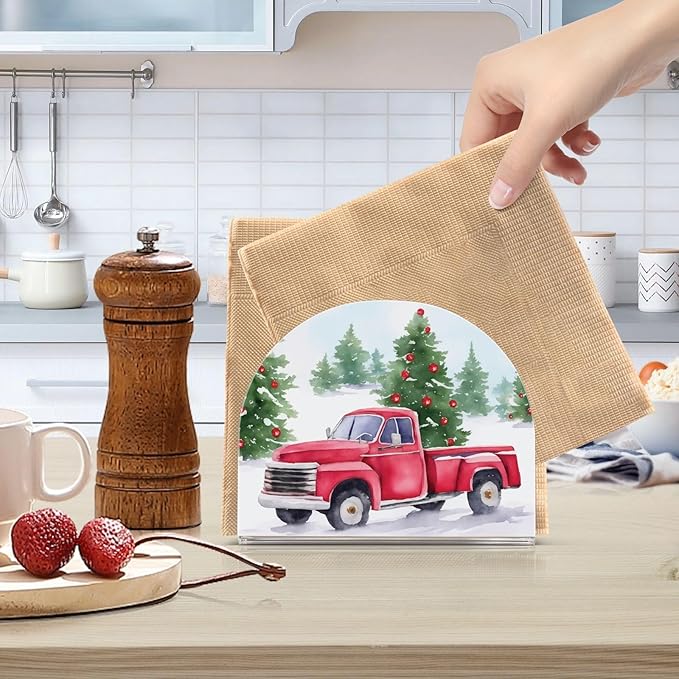 Christmas Red Truck Pine Tree Napkin Holder for Table Paper Napkins Holder Acrylic Tissue Dispenser Kitchen Dining Room Bathroom Party Car Decor