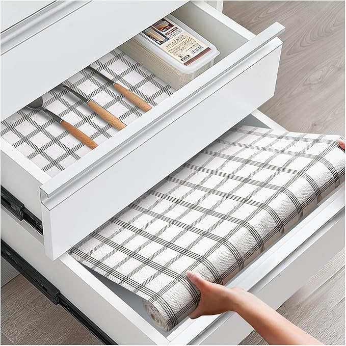 ALIUNI Drawer and Shelf Liner, Non-Slip Kitchen Cabinet Liners Non-Adhesive Thick Strong Grip Waterproof Washable Mats Protect Dresser Shelves Cupboard Bathroom Cabinets, White Stripes, 24IN X 10FT