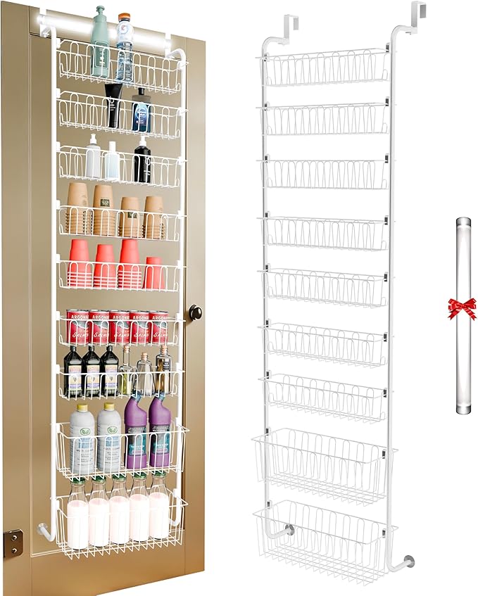 Over Door Organizer Storage - 9 Tier White Metal Over The Door Pantry Organizer Heavy Duty Hanging Storage Rack, Behind Cabinet Shelves for Home, Kitchen, Bathroom, Closet, Pantry