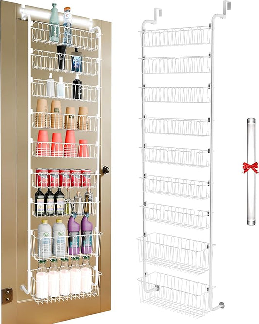 Over Door Organizer Storage - 9 Tier White Metal Over The Door Pantry Organizer Heavy Duty Hanging Storage Rack, Behind Cabinet Shelves for Home, Kitchen, Bathroom, Closet, Pantry