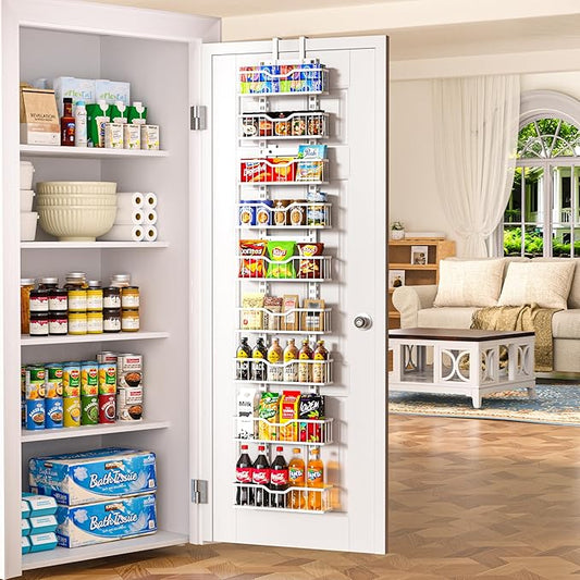 EVERIE 9-Tier Over the Door Storage Rack, Metal Hanging Organizer with Heightened Plate Bottom Baskets and Enlarged Hanging Slots, Kitchen Pantry Shelves