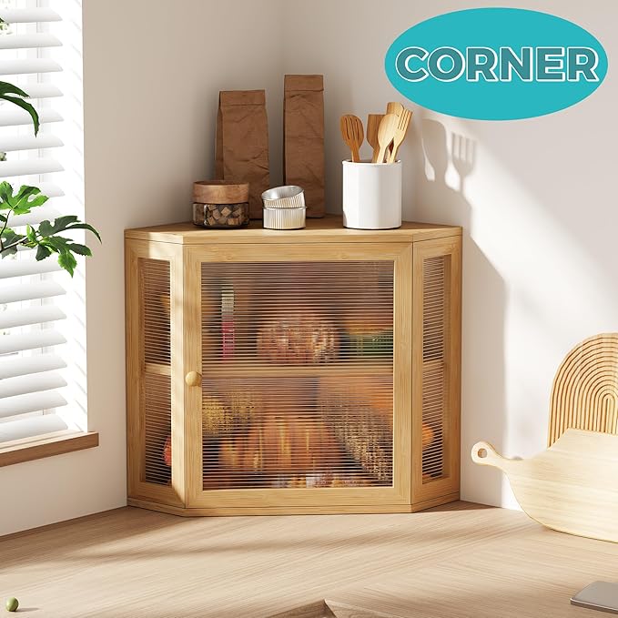 BEWISHOME Bread Box for Kitchen Countertop,Double Layer Bamboo Wood Large Capacity Bread Storage Bin, Bread box with Acrylic Wavy Door Panel(Meduim)