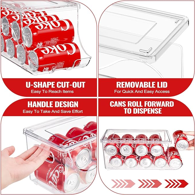 Stackable Refrigerator Organizer, Soda Can Dispenser Pop Cans Container Beverage Holder with Lid for Fridge, Freezer, Kitchen, Clear Plastic Storage Bins-Holds 10 Cans Each (One)
