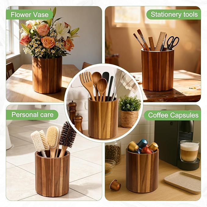 Acacia Wood Utensil Holder with Curved Comfort Base - 360° Rotating 7.2" Countertop Organizer, Utensil Crock for Kitchen Counter & Farmhouse Decor