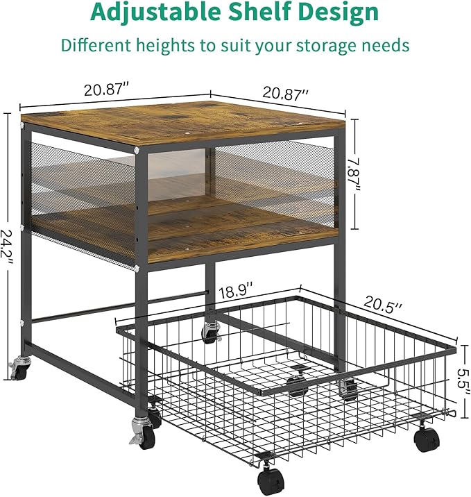 Hadulcet 3-tier Mini Fridge Stand with Storage Basket - Rolling Mini Fridge Cabinet with Wheels, Heavy Duty 21"L* 21"W Fridge Cart, Sturdy Metal Frame, for Home, Apartment, Office, Dorm, Rustic Brown