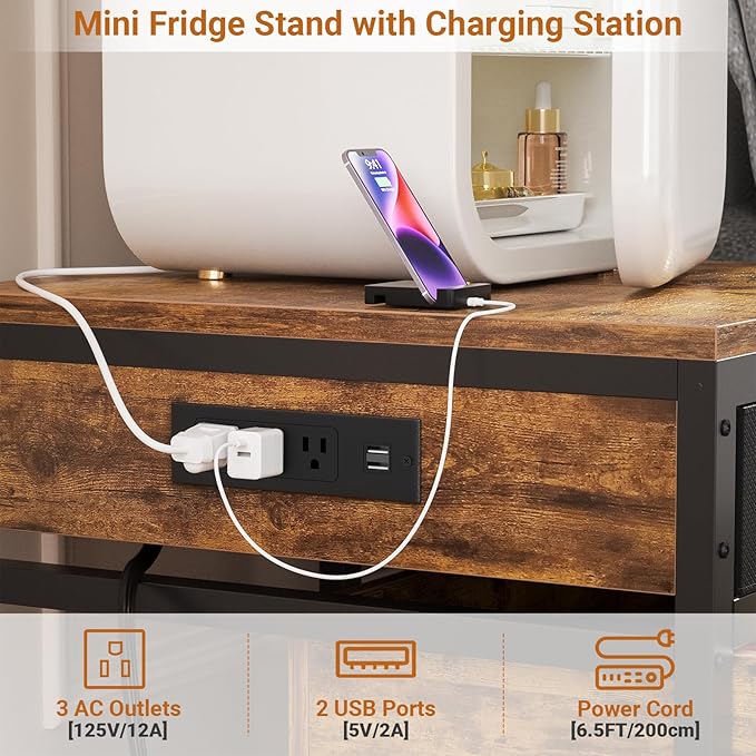 Unikito Mini Fridge Stand with Drawer Storage and Sockets, Heavy Duty Small Refrigerator Stand Cart for Dorm, Apartment, Office, Bedroom, Mini Fridge and Microwave Stand, Hold 300LBS, Rustic Brown