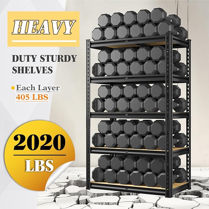 REIBII Storage Shelves 5 Tier Garage Shelving Heavy Duty Metal Shelving 2020LBS Adjustable Metal Shelf 59.8" H Pantry Shelf for Garage Pantry Closet Kitchen Basement 28" W x 12" D x 59.8" H, 2 Pack