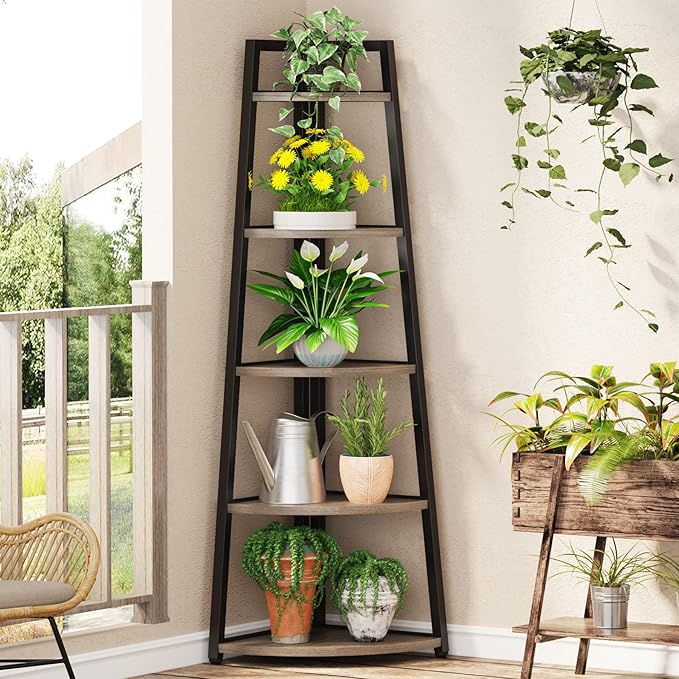 Tribesigns 70 inch Tall Corner Shelf, 5 Tier Industrial Corner Bookshelf Bookcase Industrial Corner Ladder Shelf Plant Stand for Living Room, Kitchen, Home Office (Grey)