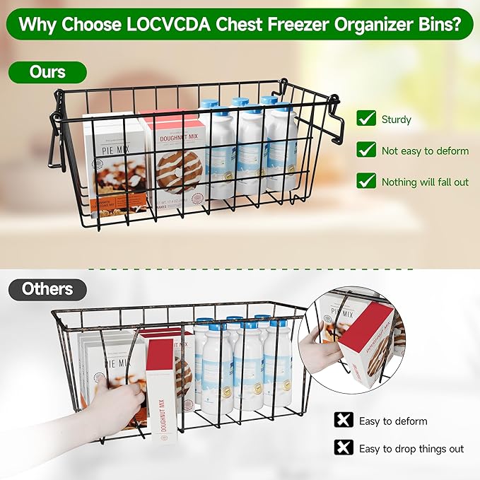 Freezer Baskets for Chest Freezer - 3 Pack Stackable Organizer Bins & 1 Pack Adjustable Hanging Organizer for 5-7 Cu.FT Deep Freezer - Sort Frozen Food