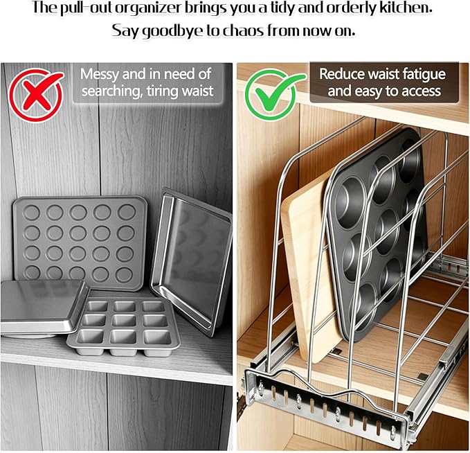 Pull Out Baking Pan Organizer for Cabinet, Cookie Sheet, Cutting Board, Tray Organizer for Cabinet, Adjustable, 22"D x11"H x 8.7"W, Pull/Slide Out Organizer-Heavy Duty, Chrome steel, 50-Year Warranty