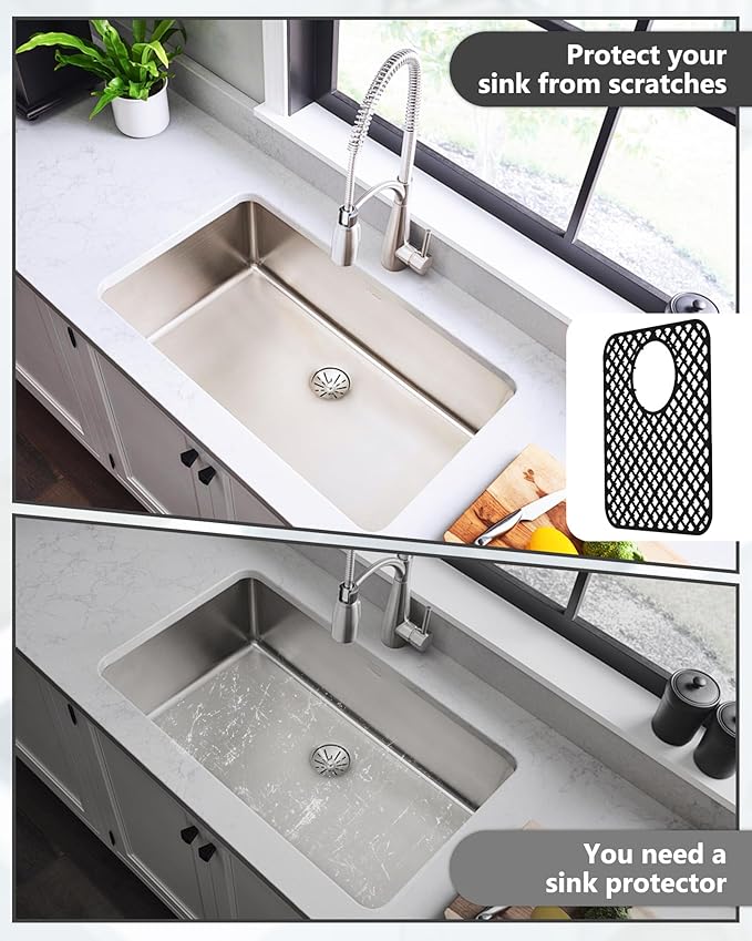 BEHOK 2 Pack Silicone Sink Protectors for Kitchen Sink, Lozenge Pattern 13 x 11 Inches Sink Mat, Non-Slip and Durable Sink Protector Silicone, Rear Drain, Black
