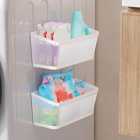2-Pack Magnetic Shelves for Washing Machine, Heavy Duty Mesh Magnet Basket Organizer for Laundry Room Organization, Multi Metal Storage Shelf and Refrigerator Spice Rack Holder (White, Large)