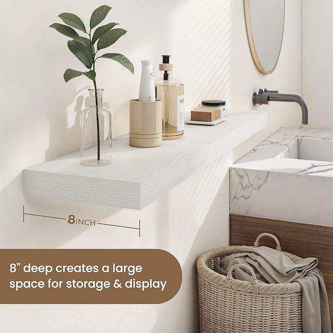 Dreamland 24 Inches Floating Shelves for Wall, 8" Deep Long Floating Shelves Set of 2, Large Display & Storage Shelf, Wall Shelf for Bathroom Bedroom Living Room Kitchen Office, White