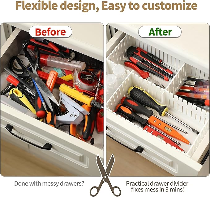 Drawer Divider Adjustable DIY Storage Organizer Separator for Tidying Clutter Cutlery Makeup Clothes of Dresses, Desk & Box in Kitchen Bathroom Bedroom Office (Cut at Will) (White 32pcs)