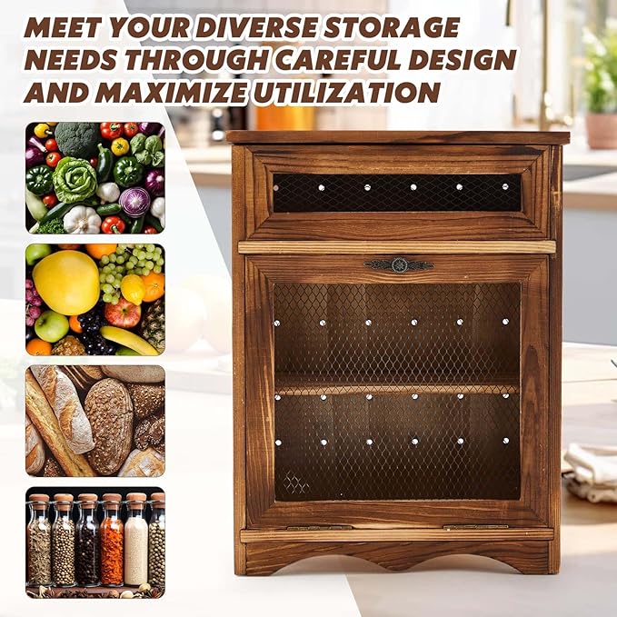 Wooden Countertop Storage Cabinet Potato and Onion Bin Box Wooden Bread Storage Bins Potato Container with Lid for Kitchen Pantry, 11.8 x 6.8 x 16 inch