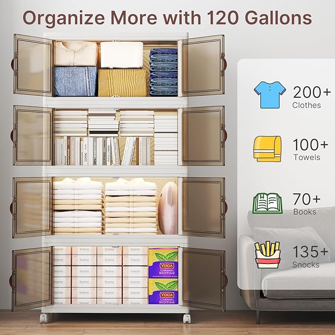 VNVTO 360Qt Stackable Storage Bins with Lids, 3 Pack Large Collapsible Bins with Wheels, Plastic Cabinet with Doors, Foldable Closet Organizers and Storage for Home, Dorm, Office, White