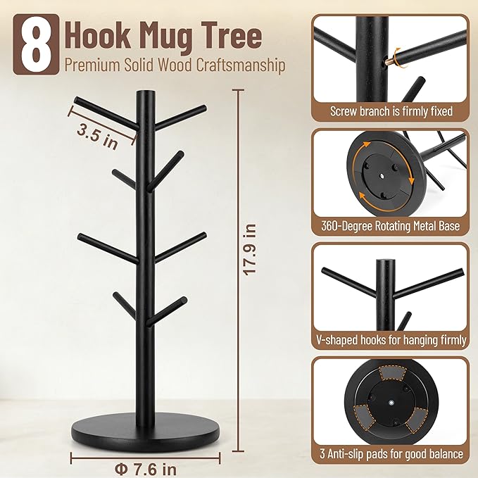 MyLifeUNIT Mug Holder Tree, 360° Rotated Coffee Cup Holder with 8 Hooks, Wooden Mug Rack Stand for Counter Top, Coffee Bar Accessories (Black)