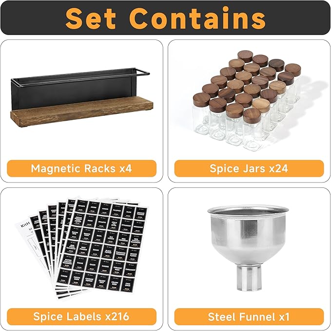 KitHero Wooden Lid Magnetic Spice Rack with 24 Jars, 216 Labels, 1 Steel Funnel for Refrigerator，Microwave Oven - Full Set of Spice Organizer