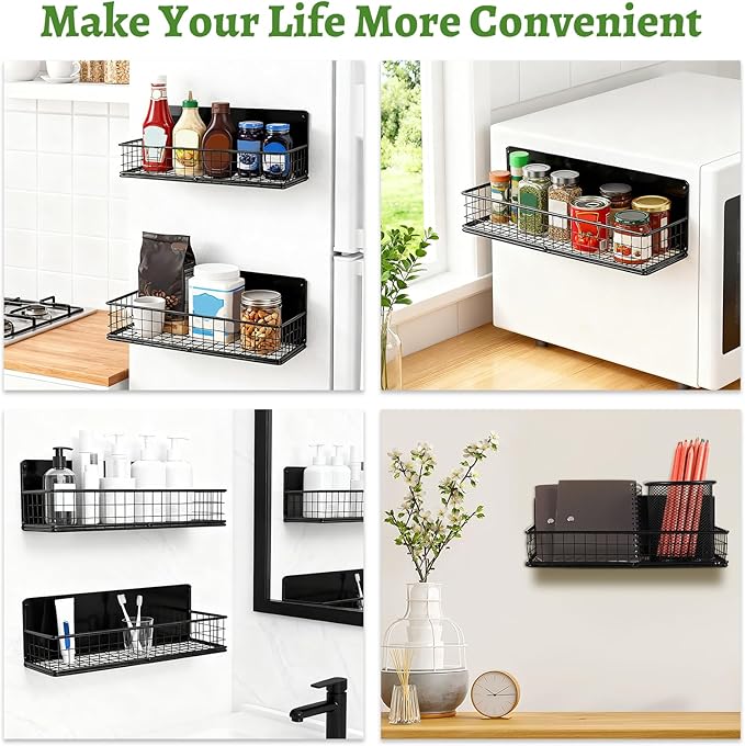 ONESIXEC 2 Pack Magnetic Basket for Fridge, Magnetic Spice Rack for Side of Refrigerator, Small Magnet Wire Bin Basket Fridge Shelf Organizer Kitchen Classroom Whiteboard Pantry Office Storage, Black
