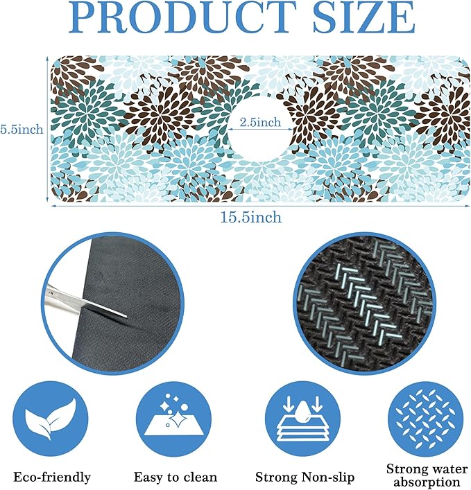 Faucet Mat Splash Guard Colorful Rain Drop, Soft Diatom Mud Material, Strong Water Absorption, Non-slip,Easy to Clean for Bathroom, Kitchen 15"X5.5"