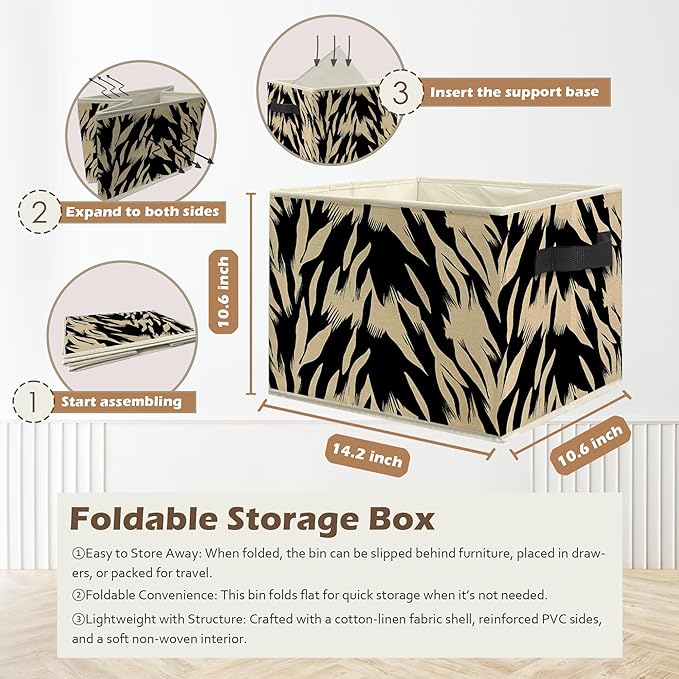 Black and Beige Abstract Storage Box Bins, Boho Modern Abstract Zebra Striped Collapsible Storage Basket Organizer for Bedroom Laundry Room Home Clothes Toys Books, Toybox for Kids
