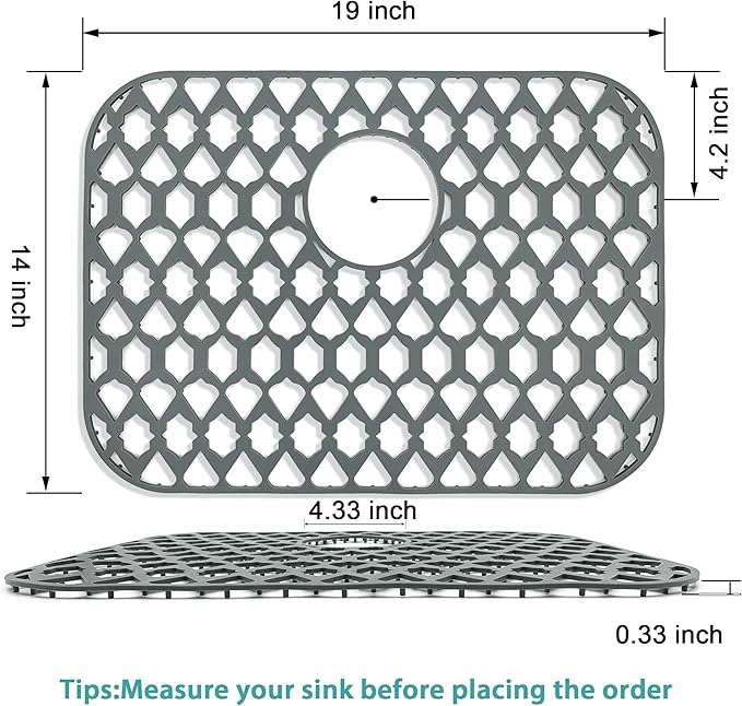 SAMSIER Sink Protectors for Bottom of Kitchen Sink 13x11 &16x12 &21x16 &22x13 &24x13 &26x14 &28x14 &30x16, Large Farmhouse Silicone Mats Grid (19”x14”, Rear Drain)