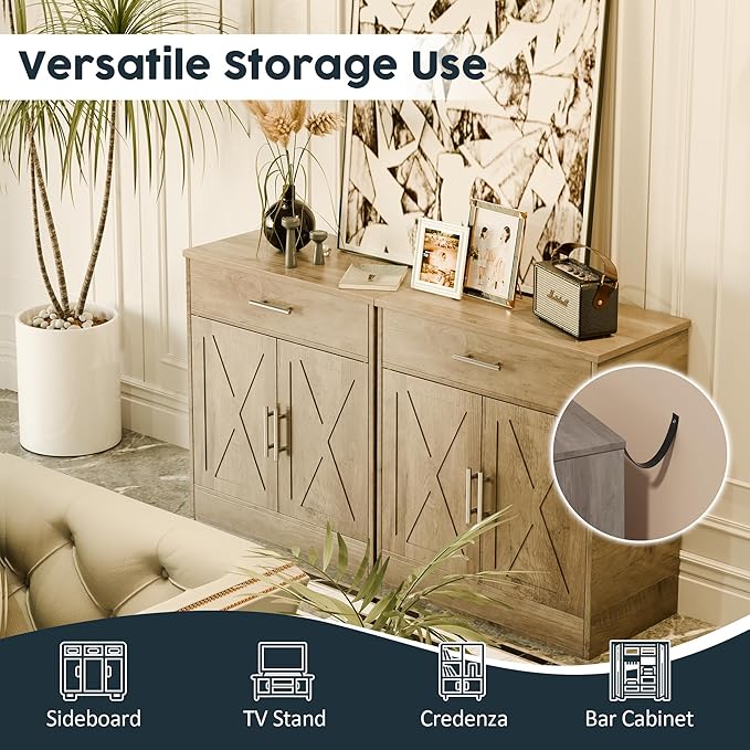 SUNLEI Kitchen Buffet Sideboard Cabinet, Farmhouse Wooden Storage Cabinet with 2 Doors & 1 Drawers, Coffee Bar Cabinet with Storage for Living Room, Adjustable Shelf, Grey