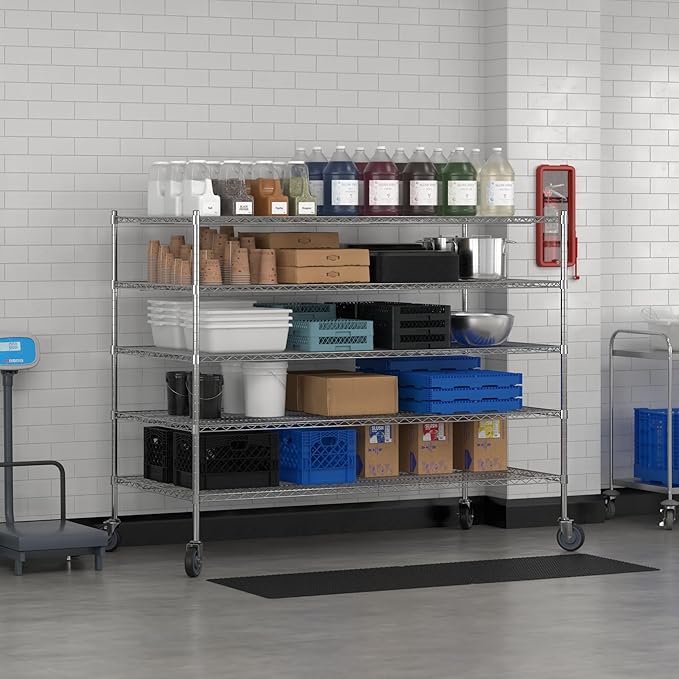 Commercial NSF Listed Chrome Mobile Wire Shelving Kit 36" x 72" x 60", with 5 Shelves Perfect for Warehouse, Walk-in Refrigerator, Freezer, Grocery Store, Restaurant, Dishroom