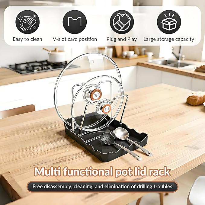 Kitchen Pot Lid Storage Rack, Pot Lid Holder With Tray, Lid Holder While Cooking, Lid And Spoon Rest, Multifunctional Kitchen Organizer Stand for Stove Top