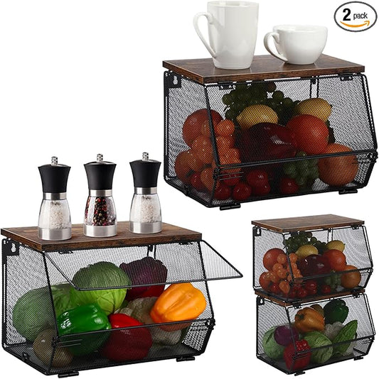 2 Pcs Stackable Mesh Fruit Basket with Lid Wall Produce Vegetable Storage Basket Onion Potato Snack Hanging Metal Wire Container for Kitchen Counter Pantry(Non-removable,Black,8.3"w & 13.8"l)