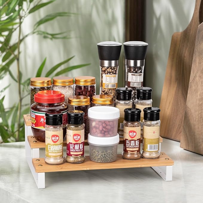 Lonian 3 Tier Spice Rack Organizer, Countertop Step Shelf Spice Storage Holder for Kitchen Cabinet Cupboard Pantry, Metal, Black